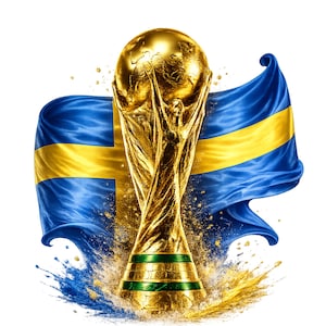 May include: A gold-colored trophy featuring a globe supported by two figures, positioned in front of a waving blue and yellow flag of Sweden. The base of the trophy is accented with green bands, and the entire composition is surrounded by splashes.