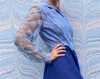 Blue + Purple Sheer Daisy Lace 1960's Vintage Bohemian Dress 60's Dress True Vintage Dress Floral Dress Size Small Size XS // XS-S