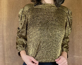 Sparkly Stretchy Gold Puffed Shouldered Cropped Top//S-M