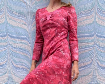 60's Metalic Rose Print Vintage Long Sleeve Mini Dress// XS-S