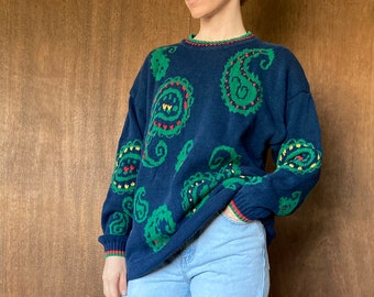 Oversized Mock Neck Blue & Green Paisley Print Cozy Sweater//S-L