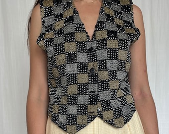 Black & Gold Checkerboard Pattern Fully Beaded Vintage 80's 90's Party Vest // S