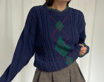 90's Mock Neck Blue & Green Thick Vintage Warm Sweater w Argyle Print // S-M