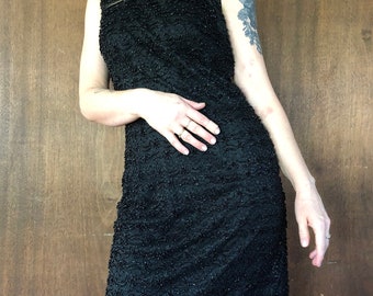 80's Black Beaded Silk Vintage Cocktail Party Dress 80's Vintage Vintage Dress Size Small Beaded Dress  // S