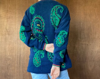 Oversized Mock Neck Blue & Green Paisley Print Cozy Sweater//S-L