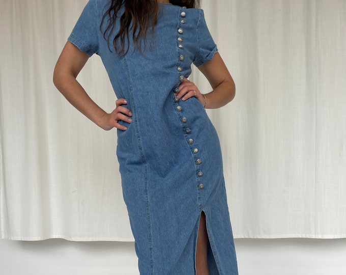 Retro Denim maxi dress high slits ^^^