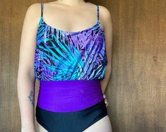 80's Purple Black + Blue Waist Accentuating Tropical Flora Print One Piece Swimsuit// S-M