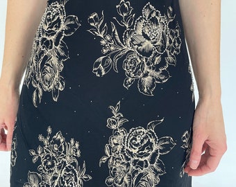 90's Beaded Floral Rose Print Dark Floral Dress Pure Silk Size Medium Beaded Vintage Dress // S-M