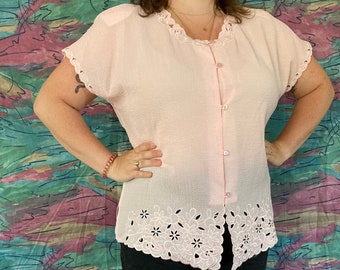 80's Pale Pink Plus Size Vintage Cut Out Collarless Blouse// XL