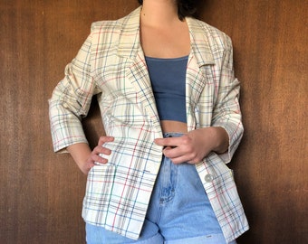 White w Colorful Plaid Vintage Cotton Single Button Blazer //S-M