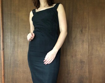 Vintage Raw Silk Black Form Fitting Cocktail Dress// S-M