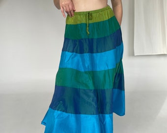 Blue and Green Vintage Silk Maxi Skirt 100% Pure Silk Color Block 90’s Maxi Skirt Vintage Skirt // S-M