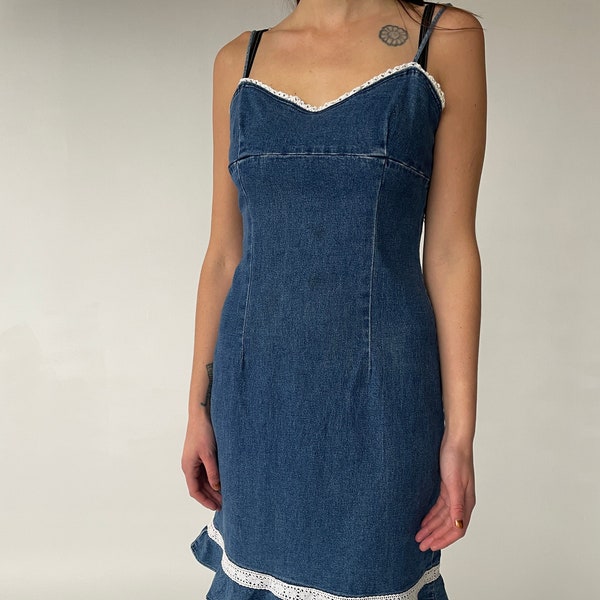 90's Vintage Denim Mini Dress w Ruffle and Lace Detailing // S