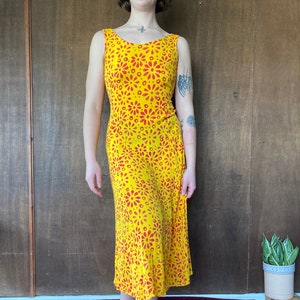 Yellow + Red Daisy Print Rayon Maxi Dress w Back Ties// S-M