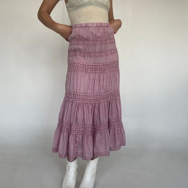 90's Pink Cotton Maxi Skirt Vintage Fairy Skirt Tiered Pink Maxi Skirt // S-M