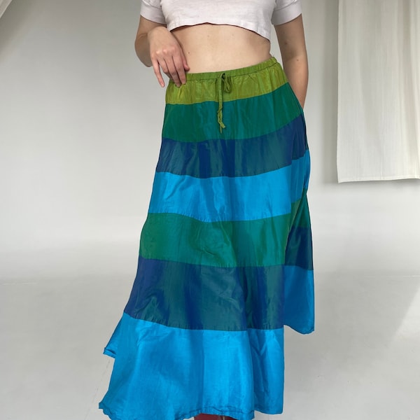 Blue and Green Vintage Silk Maxi Skirt 100% Pure Silk Color Block 90’s Maxi Skirt Vintage Skirt // S-M