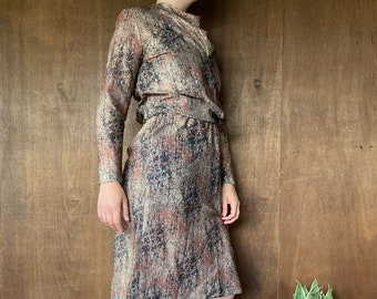 1970's Vintage Incredible Two Piece Set Earth Tones w Metalic Gold Thread// M-L