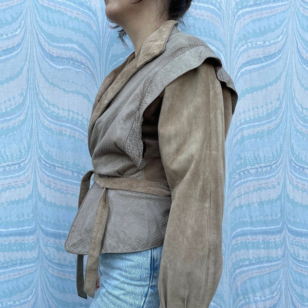 1970's Vintage Leather Jacket, Belted, Suede and Leather Light Tan Structured Jacket // S