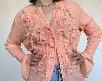 Y2K Pale Pink Floral Aplique Flare Sleeve Rhinestone Detail Button Up Vintage Blouse Size Large Size XL Y2K Vintage Pleated Crinkle Top