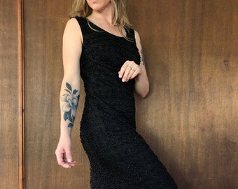 80's Black Beaded Silk Vintage Cocktail Party Dress // S
