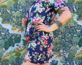 80's Dark Floral Two Piece Short and Button Up Shirt Set 80's Vintage Set Floral Shirt and Shorts Size Small Medium and Large // S-L