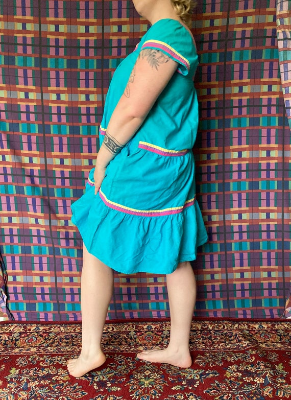 80's Turquoise Pink + Yellow Cotton  Babydoll Sty… - image 3