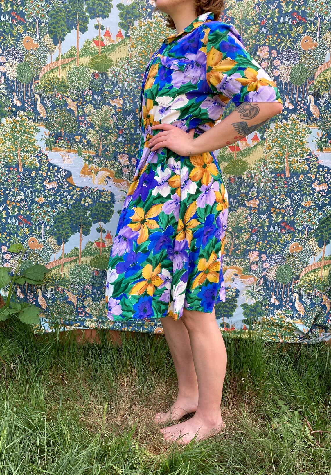 Blue Purple Green Floral Print Summer Dress W Collar// ML Etsy UK