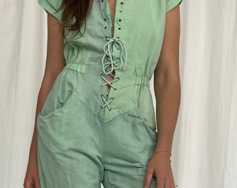 Mint Green Jumpsuit / Romper Vintage 90's Lace Up Jumpsuit // S