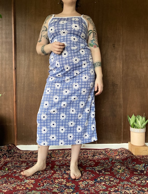 Blue & White Stretchy 90's Daisy Maxi Dress//S-L
