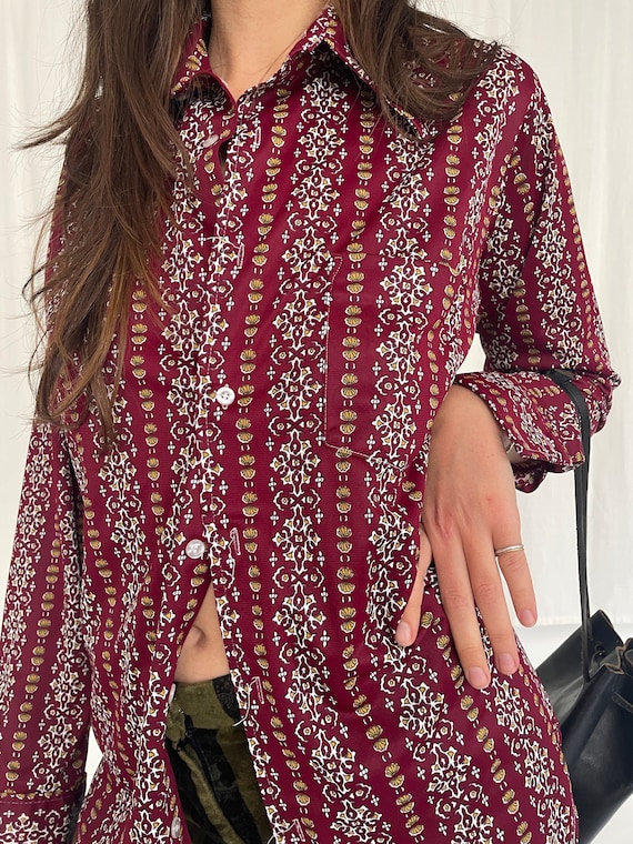 70's Patterned Button Down Dagger Collar Vintage … - image 1