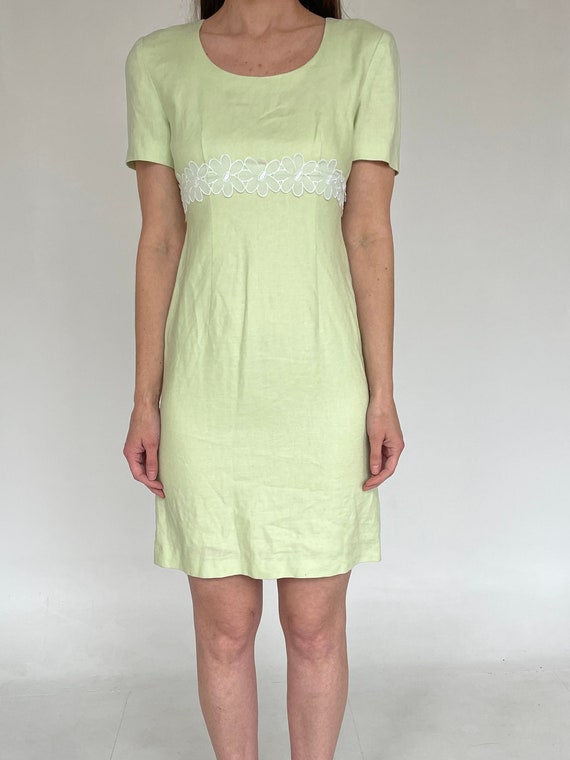 90's Does 60's Lime Green Linen Mini Dress W Flora