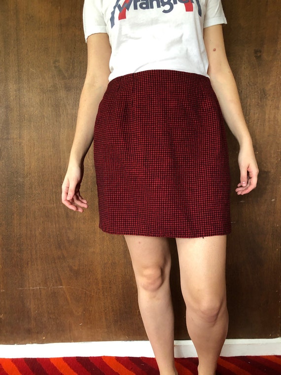 80's Vintage Red + Black Checkered Wool Mini Skir… - image 1