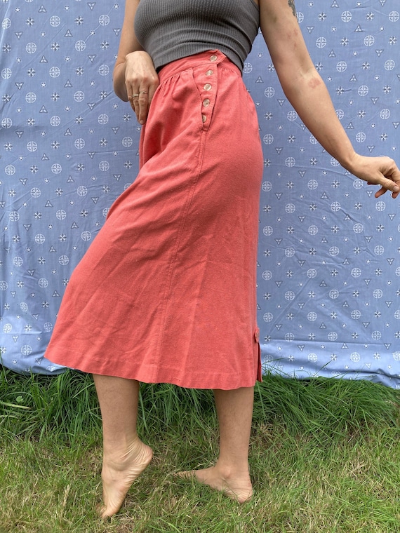 Coral Colored Raw Silk Pink Midi Skirt // XS-S