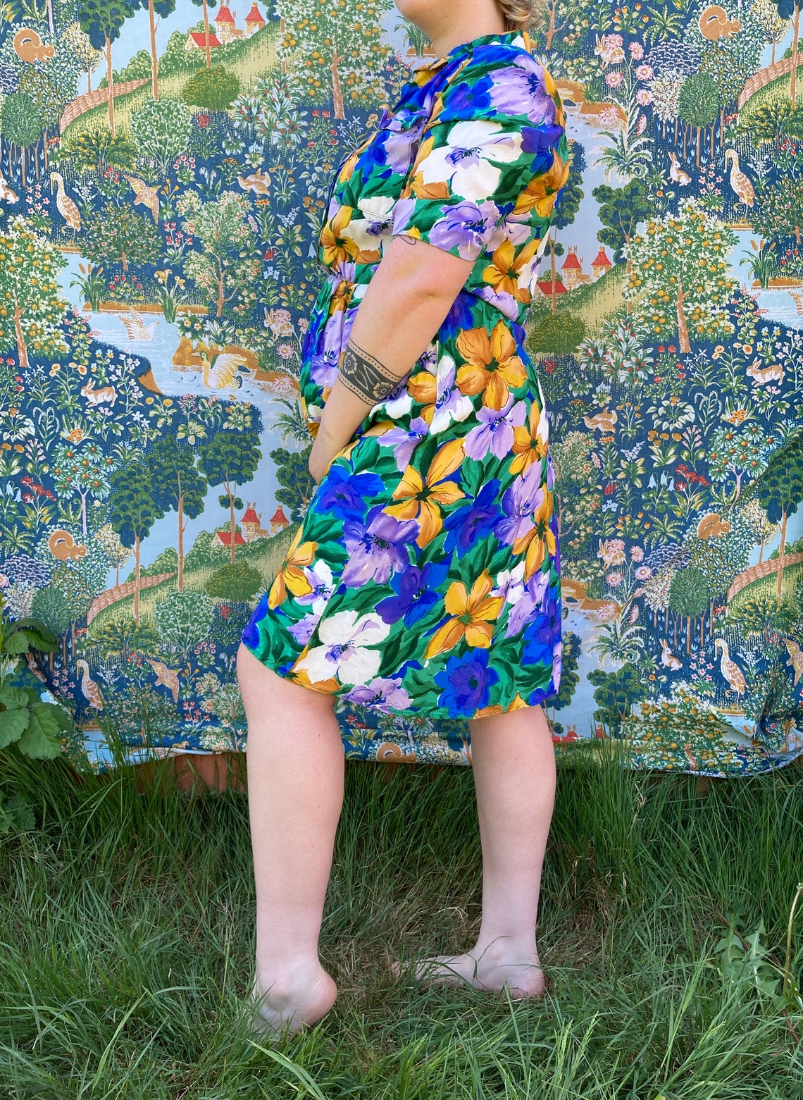 Blue Purple Green Floral Print Summer Dress W Collar// ML Etsy UK