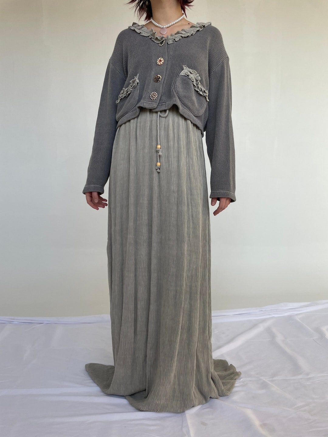 Two Piece Dress Cardigan Knit Vintage 90's Grey Dress // Etsy