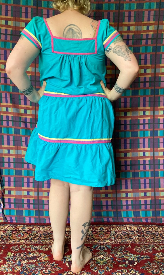 80's Turquoise Pink + Yellow Cotton  Babydoll Sty… - image 5