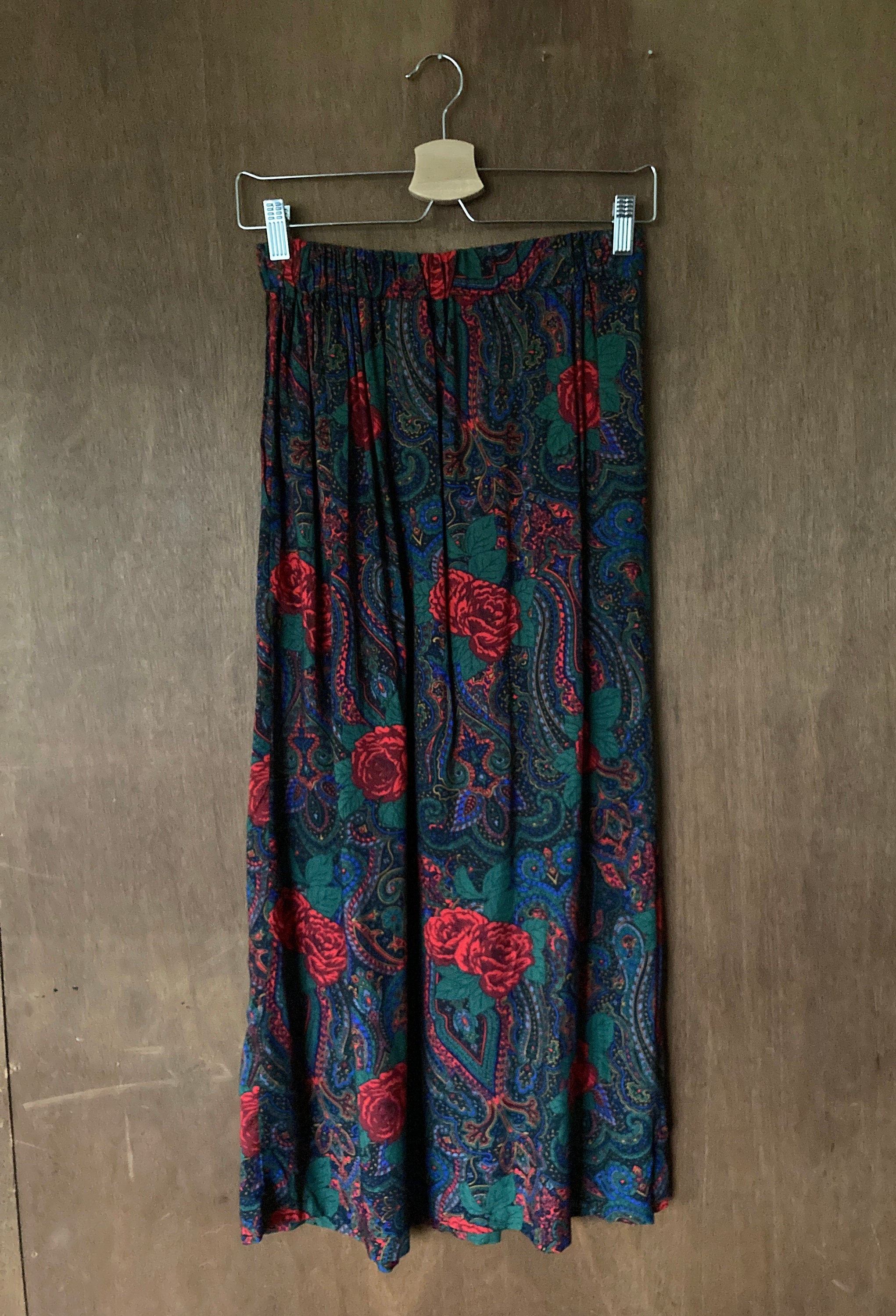 80's Jewel Tone Rose Print Maxi Skirt//s-m - Etsy
