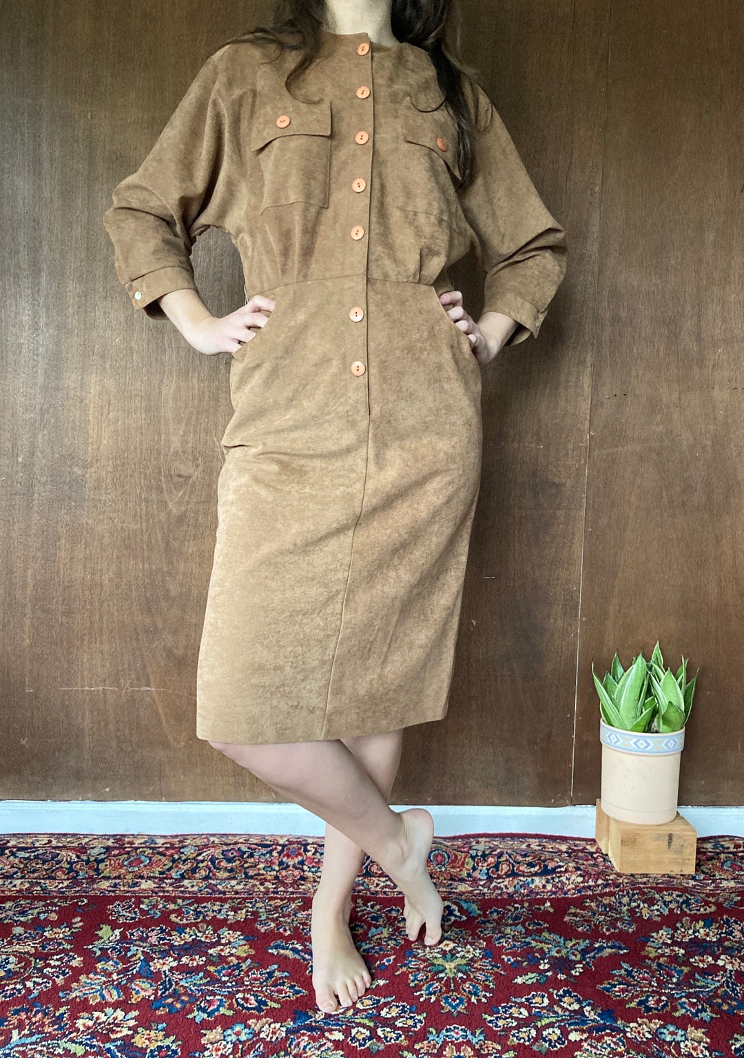 Faux Suede 70's Scoop Neck Brown Work Dress W Elastic Etsy