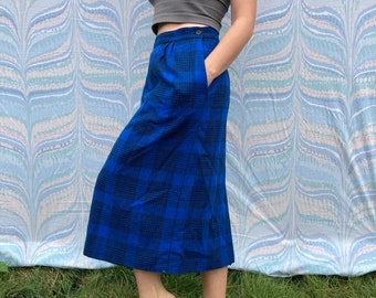 Blue Plaid Wool Blend Vintage Midi Skirt// S-M