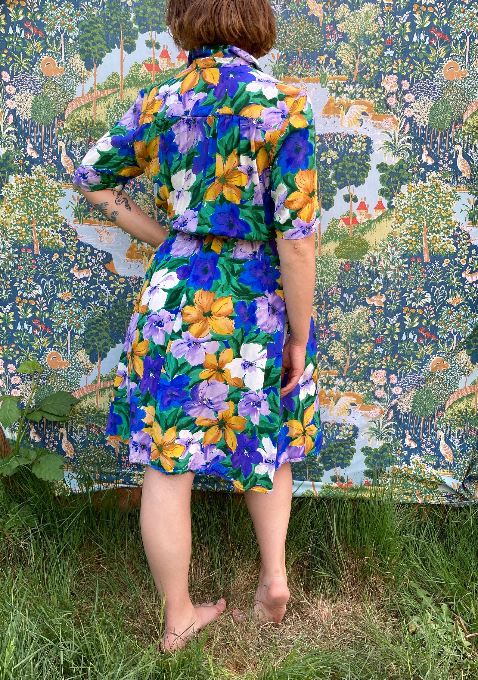 Blue Purple Green Floral Print Summer Dress w Collar// ML Etsy.de