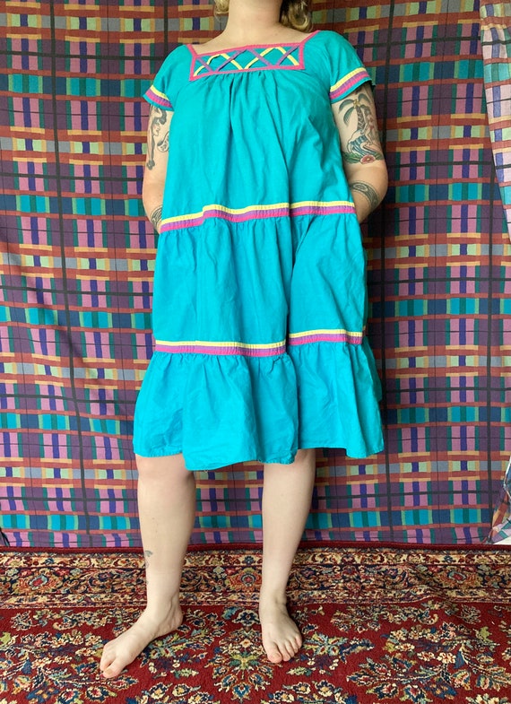 80's Turquoise Pink + Yellow Cotton  Babydoll Sty… - image 2