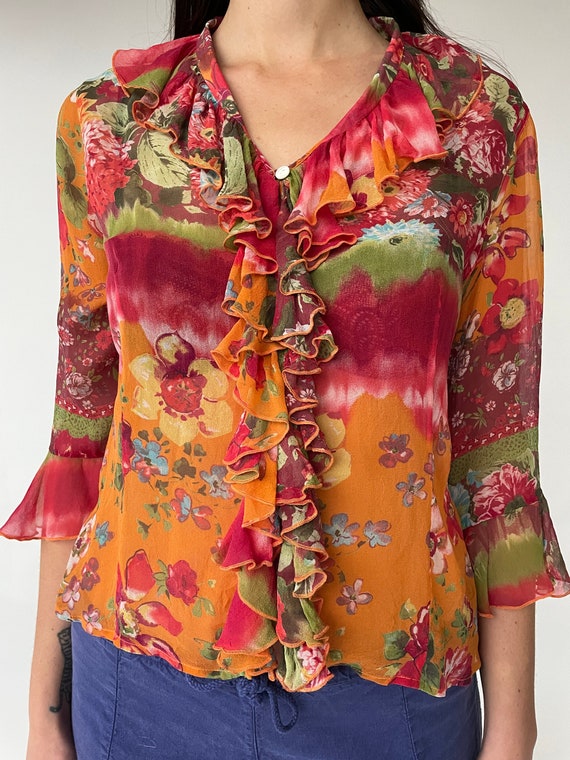 Y2K Sheer Ruffled Floral Silk Top // S-M