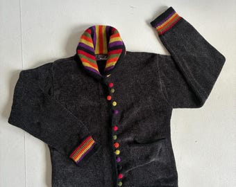 90’s / Y2K Vintage Cardigan Gray w Rainbow Details Size Small Rainbow Collar Cardigan Whimsy Rainbow Trim Sweater Women’s Vintage Sweater