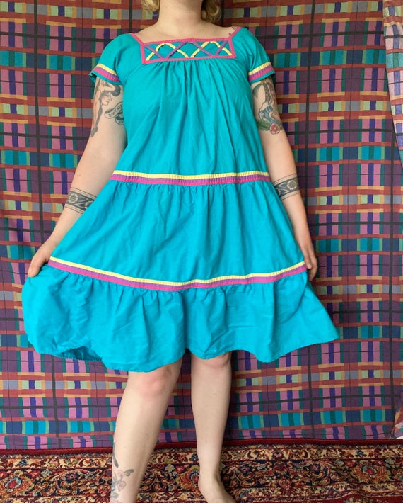 80's Turquoise Pink + Yellow Cotton  Babydoll Sty… - image 1