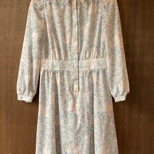 May include: A long-sleeved, button-up dress with a floral print in shades of pink, green, and blue. The dress has a fitted bodice and a flowing skirt.