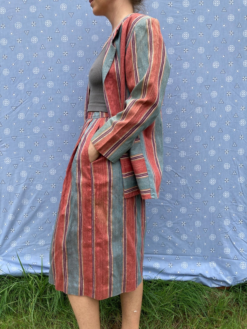 Two Piece Raw Silk Vertical Stripe 70's Vintage Suit, Skirt and Blazer // XS-S image 1