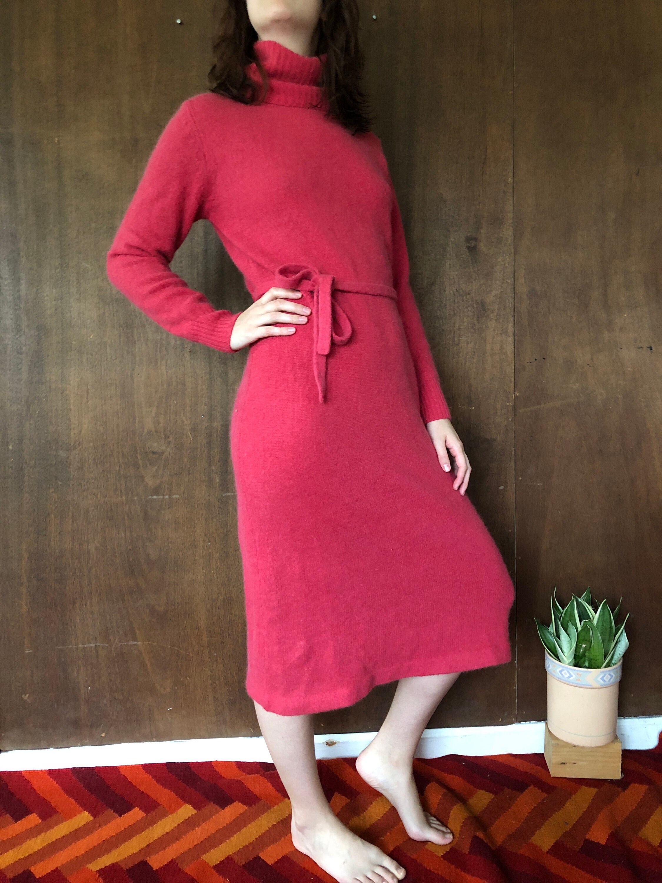 Vintage Dark Coral Lambswool Angora Turtleneck Sweater Dress