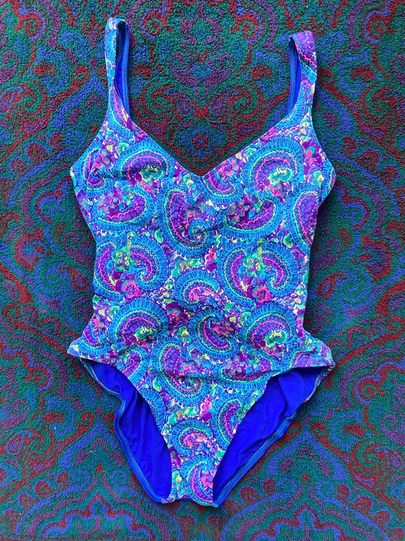 90's Funky Puple Pink + Blue Paisley One Piece Sw… - image 4