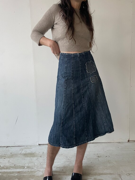 Denim Midi Skirt Vintage Y2K Late 90's Studded Fl… - image 2