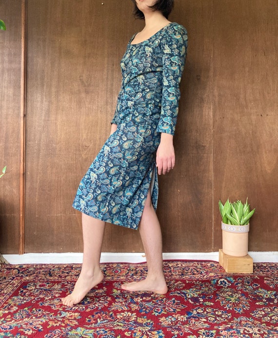 70's Blue Green Paisley Scoop Neck Dress//S - image 3